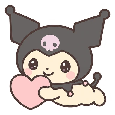 Kuromi character lying down hugging a heart, kawaii style sticker