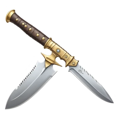 close-up of a curved crysknife blade made from sandworm tooth, metallic gleam with fine cracks, wrapped leather hilt, warm light glinting off blade, bold and sharp emoji style sticker