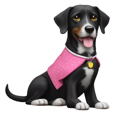 Black dog with white spotty legs and pink collar sitting next to bigger black dog with white legs and yellow collar sticker