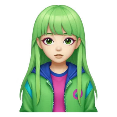  portrait-of-a-green-skin-alien-k-pop-idol,-wearing-a-stylish-streetwear-outfit-with-layered-colorful-clothing,-long-hair-with-bangs,-makeup,- sticker