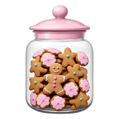 Realistic glass cookie jar with light pink lid full of gingerbread cookies isolated.  sticker