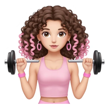 cute balayage brunette long hair curly/wavy haired girl, hoop earrings, clean girl makeup DOING EXERCISE with weights with a cute pastel pink set sticker
