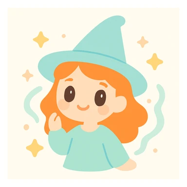 a ginger witch with bright orange hair, pointy hat, and magical aura, whimsical style, cute and charming sticker