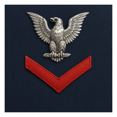 Make this U.S. Navy Petty Officer Third Class (E-4) insignia look more realistic, with a detailed and accurate silver eagle perched above one red chevron on an authentic navy blue uniform background. The insignia should have realistic textures and colors, reflecting the official navy uniform style and materials. sticker