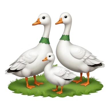 9 white geese standing on a green hill, front view, foggy, all looking in different directions, one is on the top  sticker