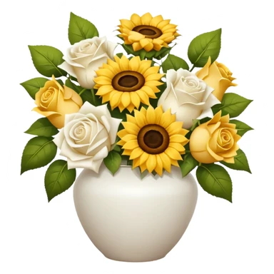 Bouquet with yellow roses sunflowers and white roses in a white vase and a white bow sticker