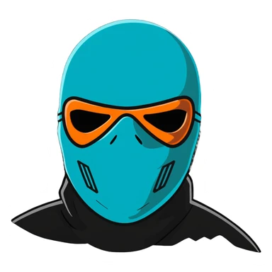 teal and orange ski mask with menacing face sticker