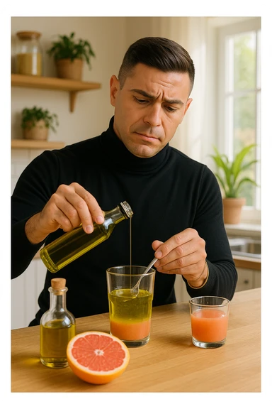 A realistic, warm-toned photo-style image of a man in his kitchen preparing a liver and gallbladder flush. On the counter, there is a small glass bottle of high-quality extra virgin olive oil with a rich green hue, and a freshly cut pink grapefruit with a small glass of its juice next to it. The man, in his mid-30s, looks focused and slightly apprehensive as he mixes the olive oil and grapefruit juice in a clear glass, preparing to drink it as part of a natural gallbladder cleanse. The background is clean, bright, and minimalist with wooden countertops, green plants, and sunlight coming through the window, giving a sense of natural health practices. The mood conveys a realistic moment of alternative health care, illustrating the preparation and intention for a natural flush to address gallstones, while maintaining a calm, educational, and hopeful tone sticker