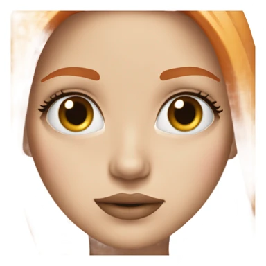 A girl has white skin, orange and straight hair. Also her eyes are brown. She has pink lipgloss sticker