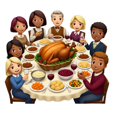 Thanksgiving Dinner with 10 people of different skin color around the table; have the food be a cooked turkey, mashed potatoes, corn, a basket of biscuits, a small bowl of cranberry sauce, baked yams, steamed vegetables, and a bottle of wine. sticker