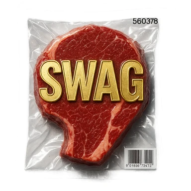 steak with gold outlined 'SWAG' letters, glossy sticker