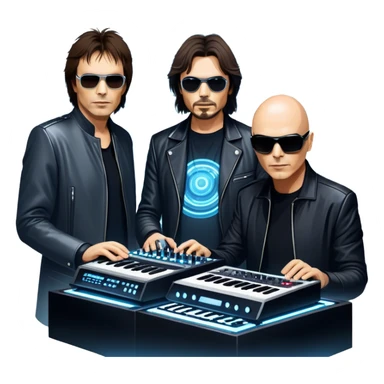 Icon for Electronic Music: Jean-Michel Jarre, Moby, DJ Tiesto, and Jorn van Deynhoven performing with synthesizers, turntables, and futuristic lighting effects. The design should evoke the vibrant and immersive atmosphere of electronic music festivals. Transparent background. sticker