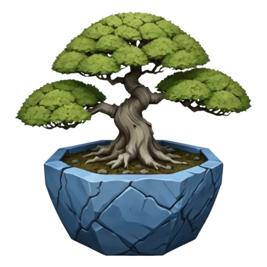 Japanese very old broken intricate Stone Age rocky-crusted dodecahedron-shaped shallow dark moss rough bark blue maple tree bonsai pot sticker