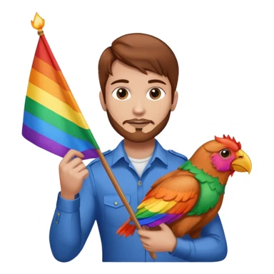 Guy with brown hair holding buffalo chicken and a gay pride flag sticker