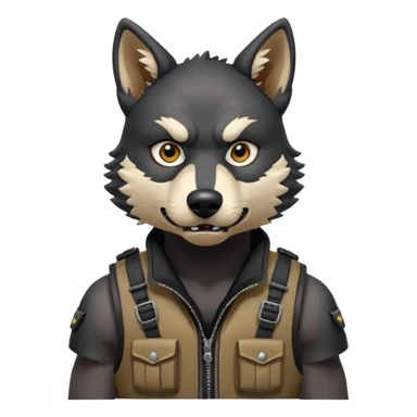 A full black anthropomorphic wolf with white marks, he is wearing a rubber like dog muzzle, and his ears are standing up with a variety of piercings. He has a black tactical vest on, and he is in a grumpy mood, his arms just hanging by his side sticker