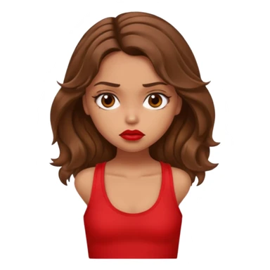 generate a pretty tan bratz girl with brown wavy hair long wearing a red tank top, red lipstick. Looking sad sticker