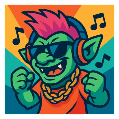 mischievous troll character with headphones, sunglasses, and a gold chain, vibing to phonk music, vibrant toon style sticker