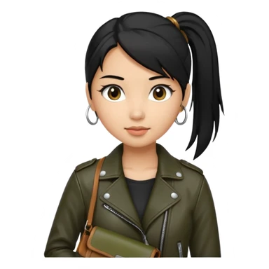 A girl with a pony tail black hair and olive ish skin, Asian eyes, with a black jacket and a brown purse  sticker