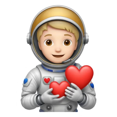 A happy spaceman holding a heart sticker