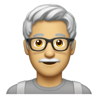 unshaved man short grey hair small glasses and headset sticker