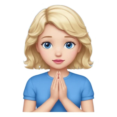 Girl Blonde short wavy hair,  blue eyes, cute blue top, long lashes, pink lips, praying hands sticker