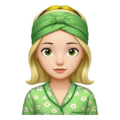 women in green pyjamas with headband sticker
