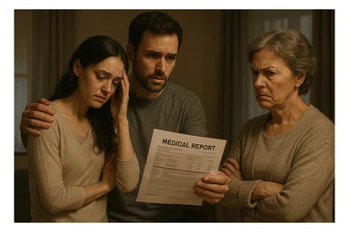 The wife, looking tired and vulnerable, stands beside her husband, while the mother-in-law looks skeptical and critical, the man holding out medical reports as evidence, emotional tension visible. sticker