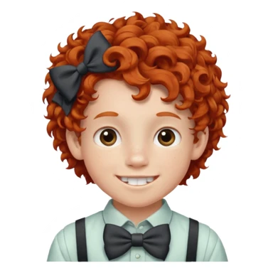 redhead kid with unique face features and very curly hair kid boy happy and braces on teeth, wearing a bow on head on hair just one bow sticker
