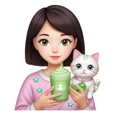 asian girl with short dark brown hair with a soft girl pink glowup aesthetic. matcha latte sparkles girly things, 2 ragdoll cats, skincare, makeup, money, luxury, add makeup and sparkles sticker