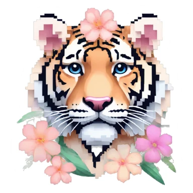 Pixel art of a pixel pink peach beige blue cream pastel pixel tiger wearing tropical flowers and leaves, flower crown, floral, pixel sticker
