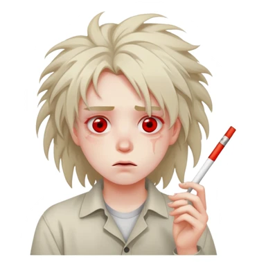 tired student with red eyes, messy hair, dazed expression, holding a joint sticker