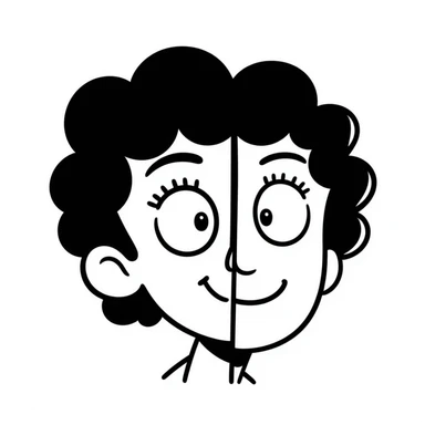 face split into two halves, one half realistic, other half art style sticker