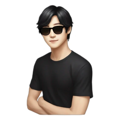 Kim Taehyung with black hair and black glasses with a black shirt and light beige skin sticker