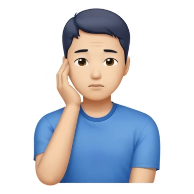 A worried Korean man in a blue shirt, resting his head on one hand. Emoji-style digital illustration with a plain white background  sticker