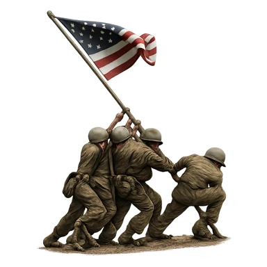 three soldiers pushing a flagpole, inspired by the Raising the Flag on Iwo Jima photo, realistic and dynamic composition, no text, suitable for an icon sticker
