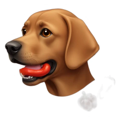 Brown lab chewing on a red pepper sticker