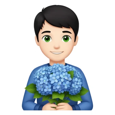 Smiling boy with fair skin and black hair that stands up and green eyes with bouquet of hydrangeas  sticker