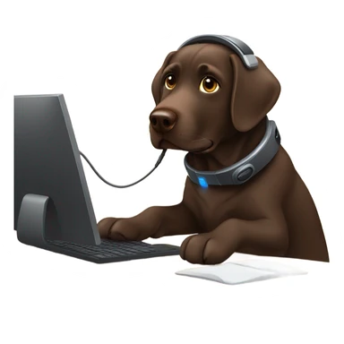 Chocolate lab working on computer with headset  sticker