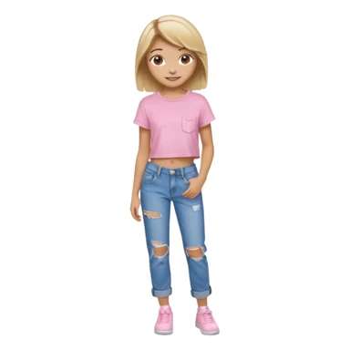 preppy teen girl, tan, blonde highlights, brown hair, long eyelashes, beach aesthetic, wearing cute clothes, sexy, wearing ripped blue baggy jeans with a light pink crop top, a little revealing  sticker
