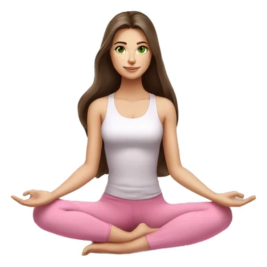 Brunette long hair and green eyes yoga beautiful girl in light pink pink pink clothes sitting on a yoga mat sticker