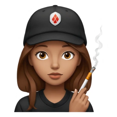 A girl with brown hair with a cigarette and a black cap sticker