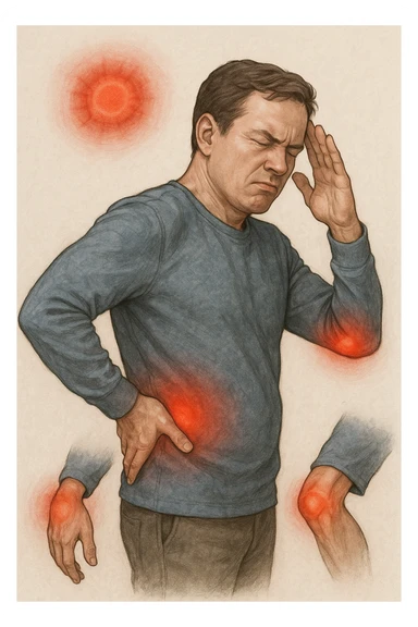 uomo che ignora i suoi un mal di testa, mal di schiena e dolore articolare e ignora ogni segnale e messaggio che il corpo manda per avvertirlo sticker