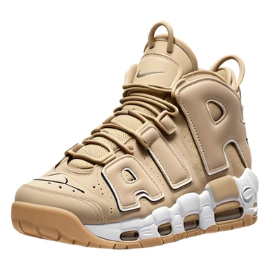 Two beige Nike Air More Uptempo sneakers arranged with one positioned behind the other, simple clean design with minimal details but distinct AIR lettering sticker