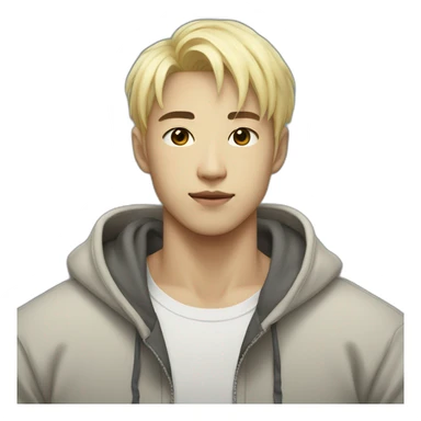 Korean with short bleached blond hair in his 20s muscular with a hoodie sticker