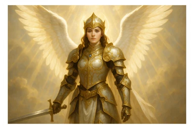 a female angel knight in ornate armor with golden accents, radiant and heavenly atmosphere sticker