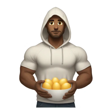 Buff white man with hoodie and dark brown hair holding a ton of eggs sticker