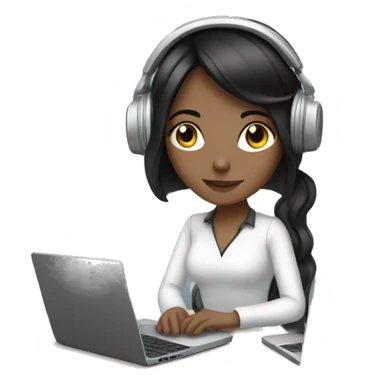 white girl with black hair working on laptop with headphones sticker