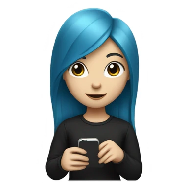 white skin girl with long blue hair in black clothes holding a phone sticker