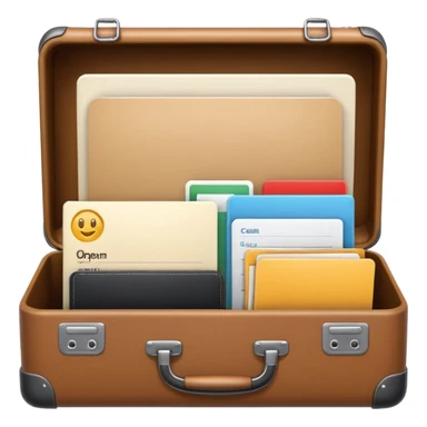 open suitcase with icons for CRM, tasks, chat, and documents, clean modern emoji style sticker