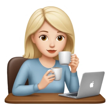mujer blanca tomando un solo cafe y con un computador sentada en una mesa  sticker
